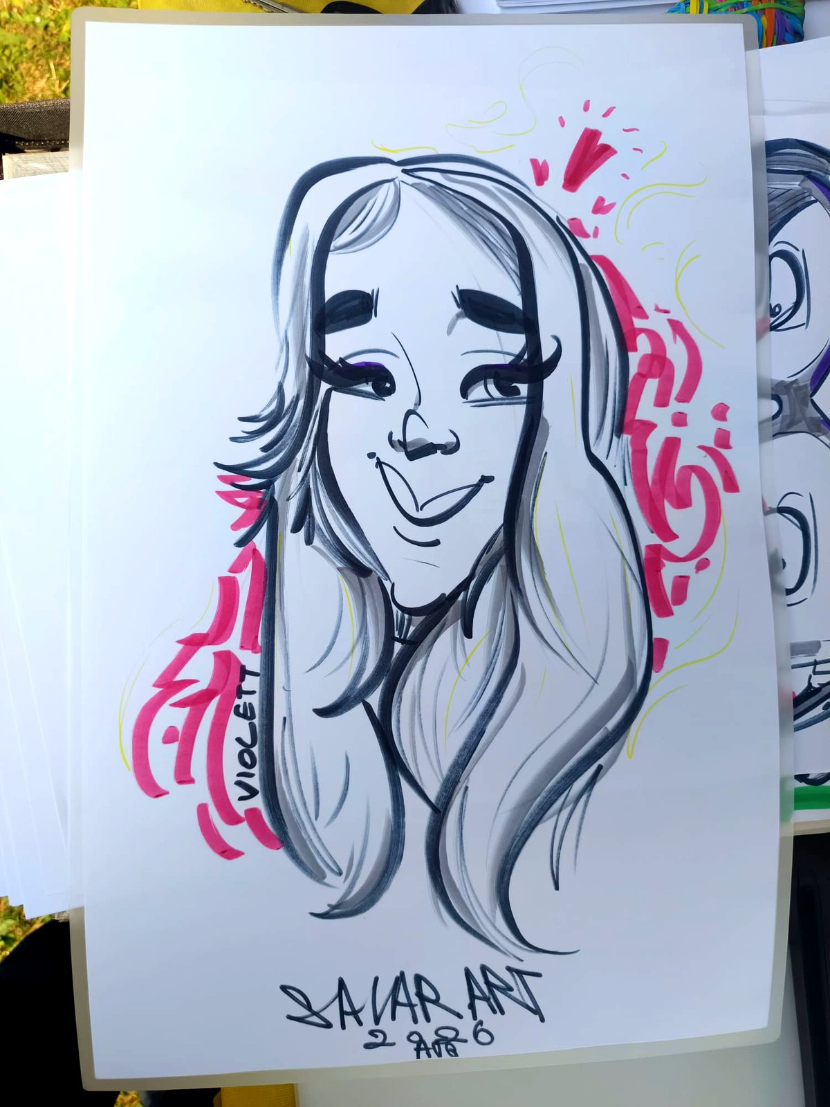 Solo colour caricature — pink and yellow marker accents — Drawn live in Vancouver, BC