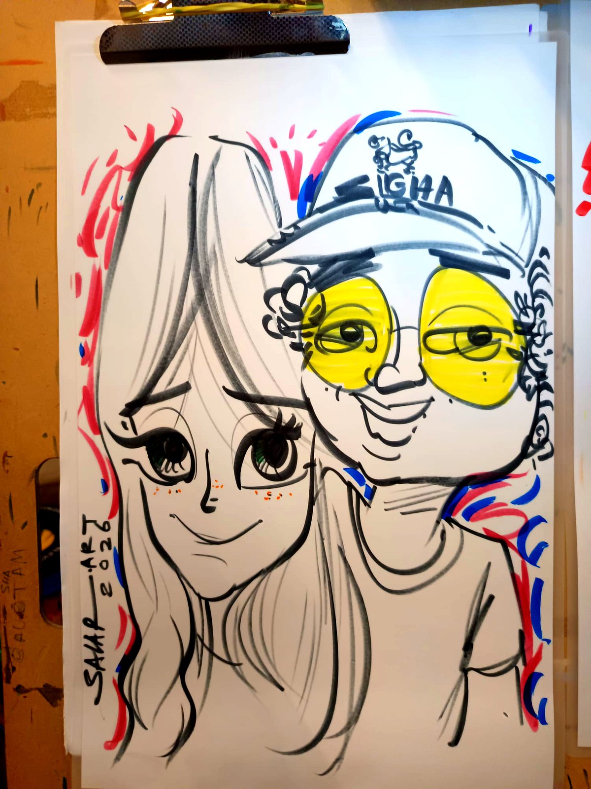 Duo caricature in bold colour marker — Drawn live in Vancouver, BC