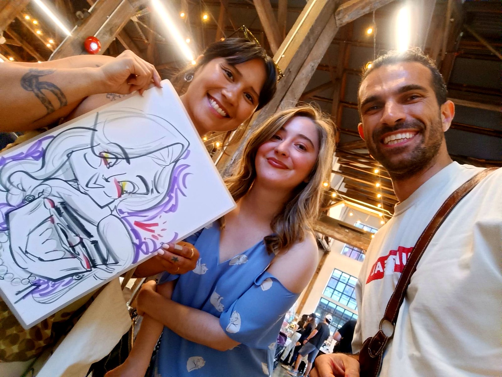 Duo caricature drawn live under the market rafters — Granville Island, Vancouver
