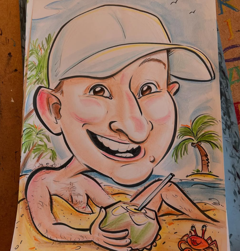 Colour beach-themed caricature with a coconut drink by Polina