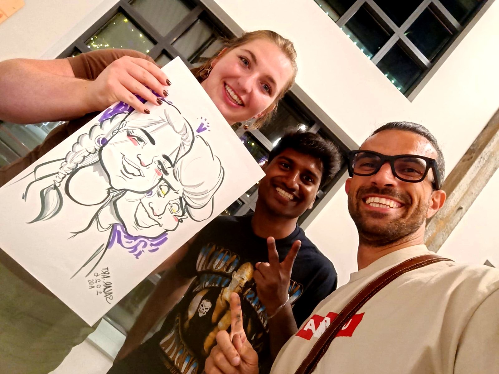 Evening party guests with a fresh colour caricature — Vancouver, BC