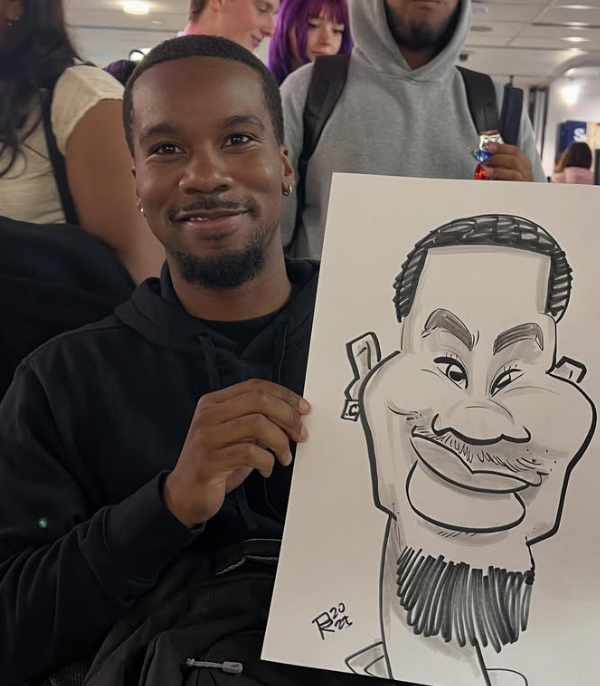 Guest smiling with his black and white live caricature — by Polina — Toronto, ON