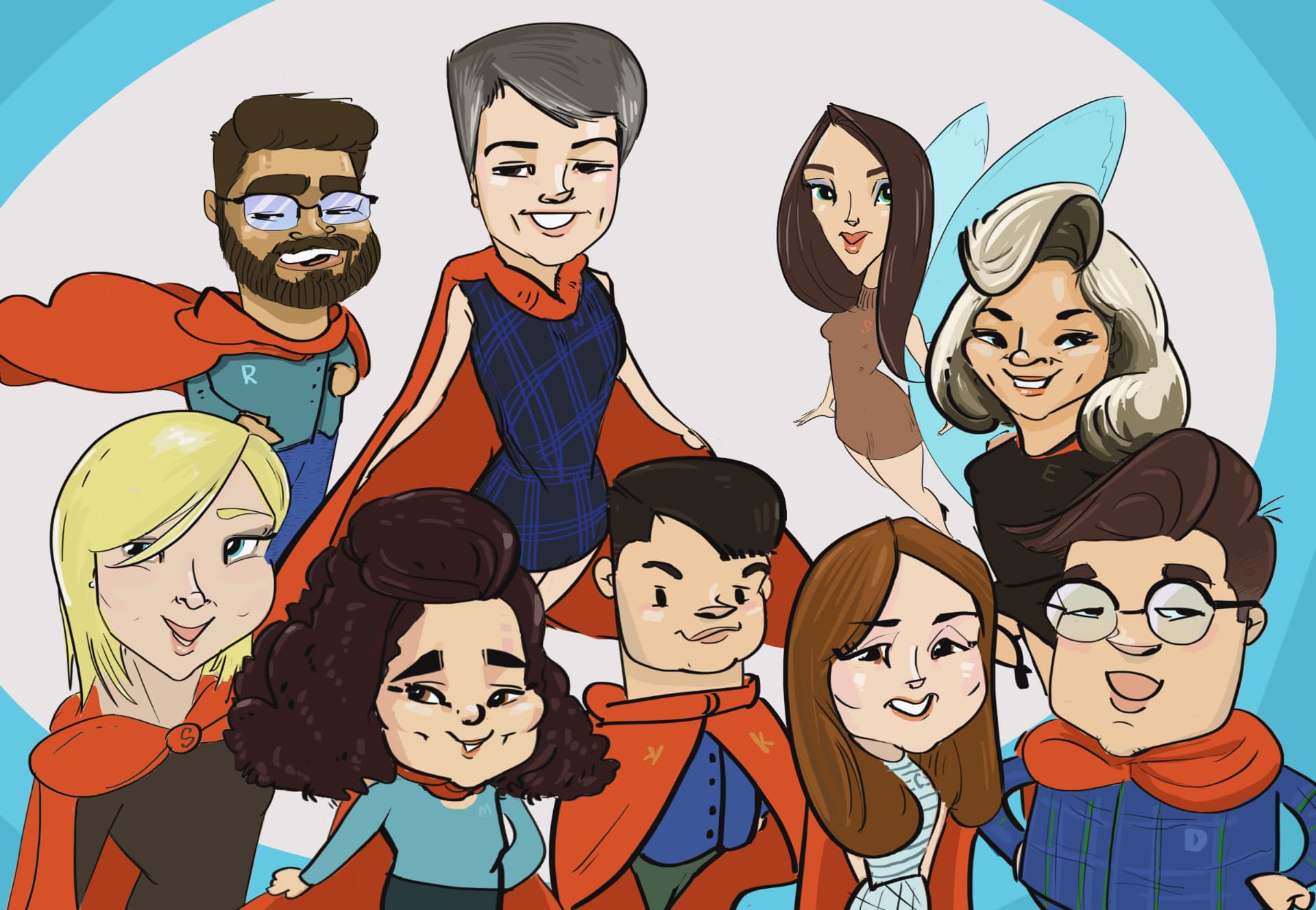 Group caricature of a studio team in red capes